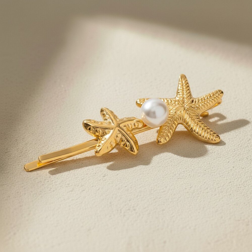 18K Gold Plated Stainless Steel Starfish Pearl Coastal Beach Hair Bobby Pin Clip